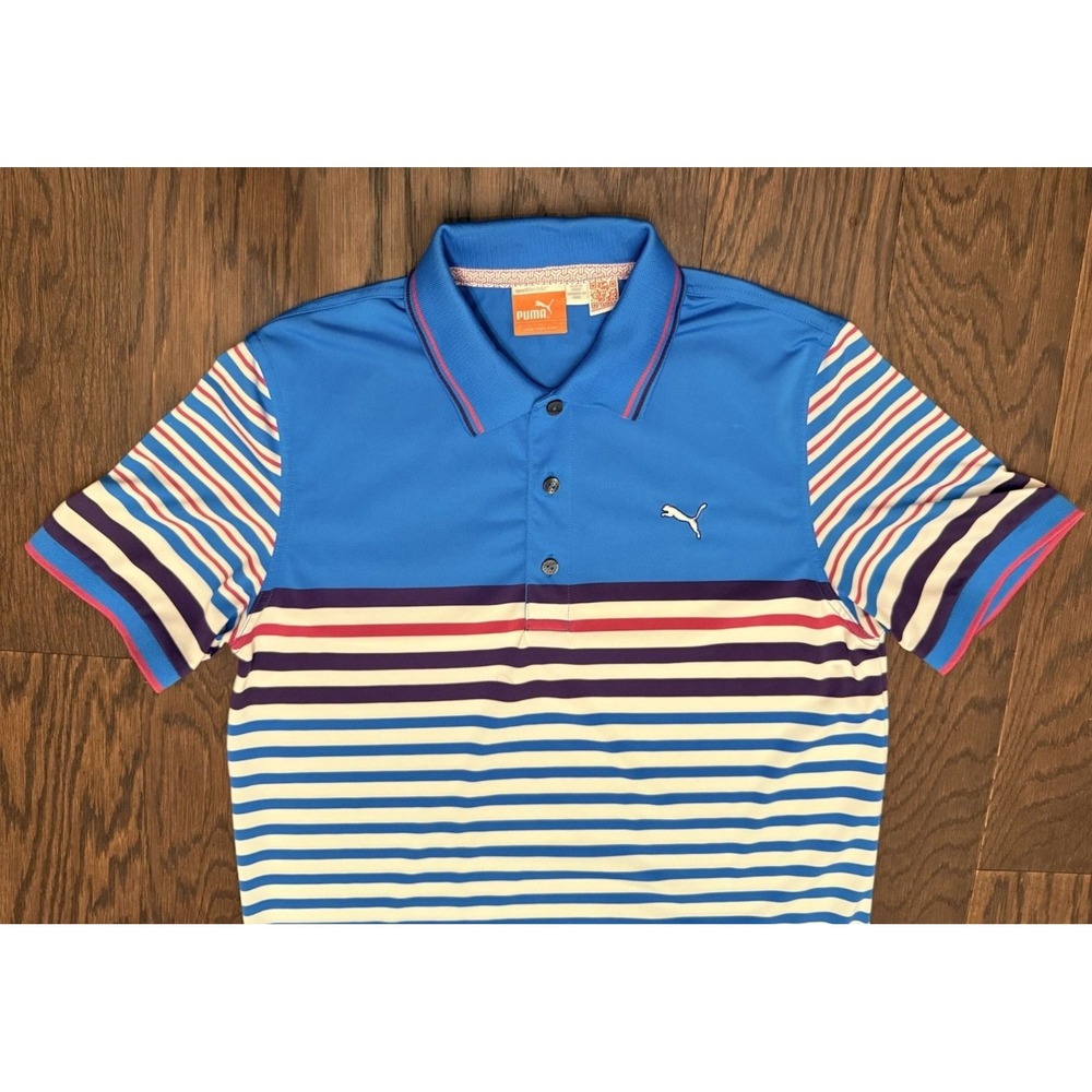 Puma Golf Mens Polo Shirts Striped Performance Dry Cell Blue Small - Picture 5 of 16